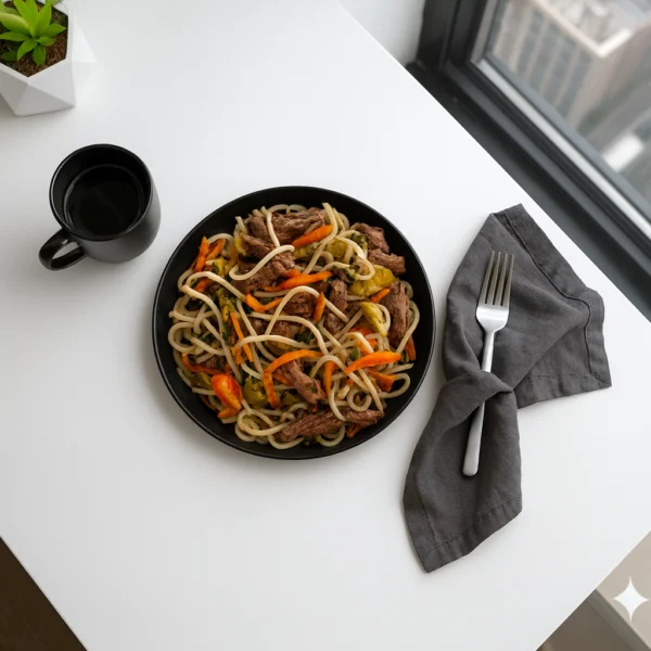 Bifecito de carne con fideos de arroz (c)