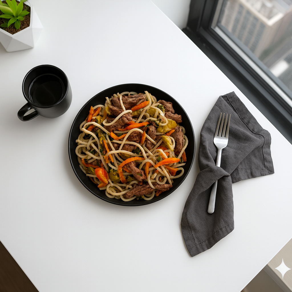 Bifecito de carne con fideos de arroz (s)